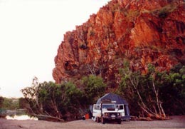Our first prototype camped by a river in 'poll' position in the Kimberley